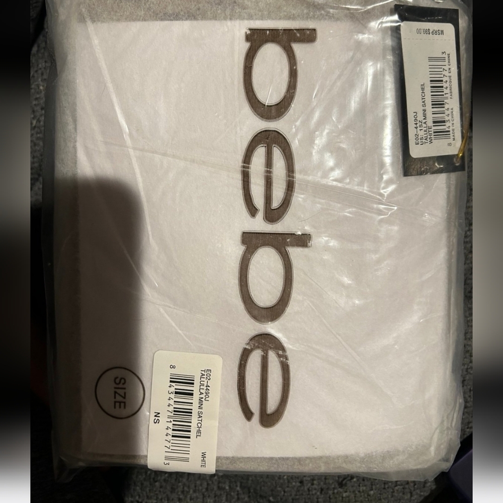 Bebe Los Angeles Tan and White Tote Bag 8x7x3 NWT in Wrap - Picture 2 of 2